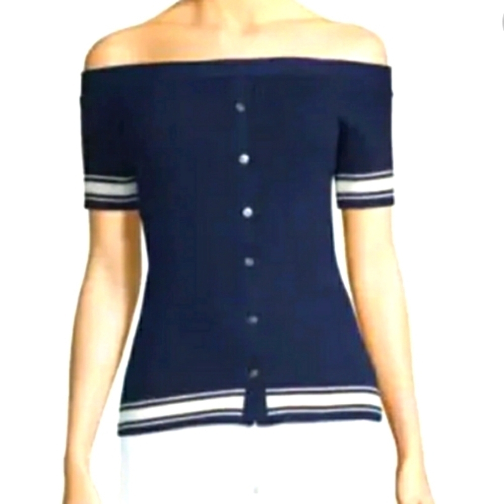 Frame Wool Knit Sweater /Top Blue White Off Shoulder Buttons Short Sleeve XS